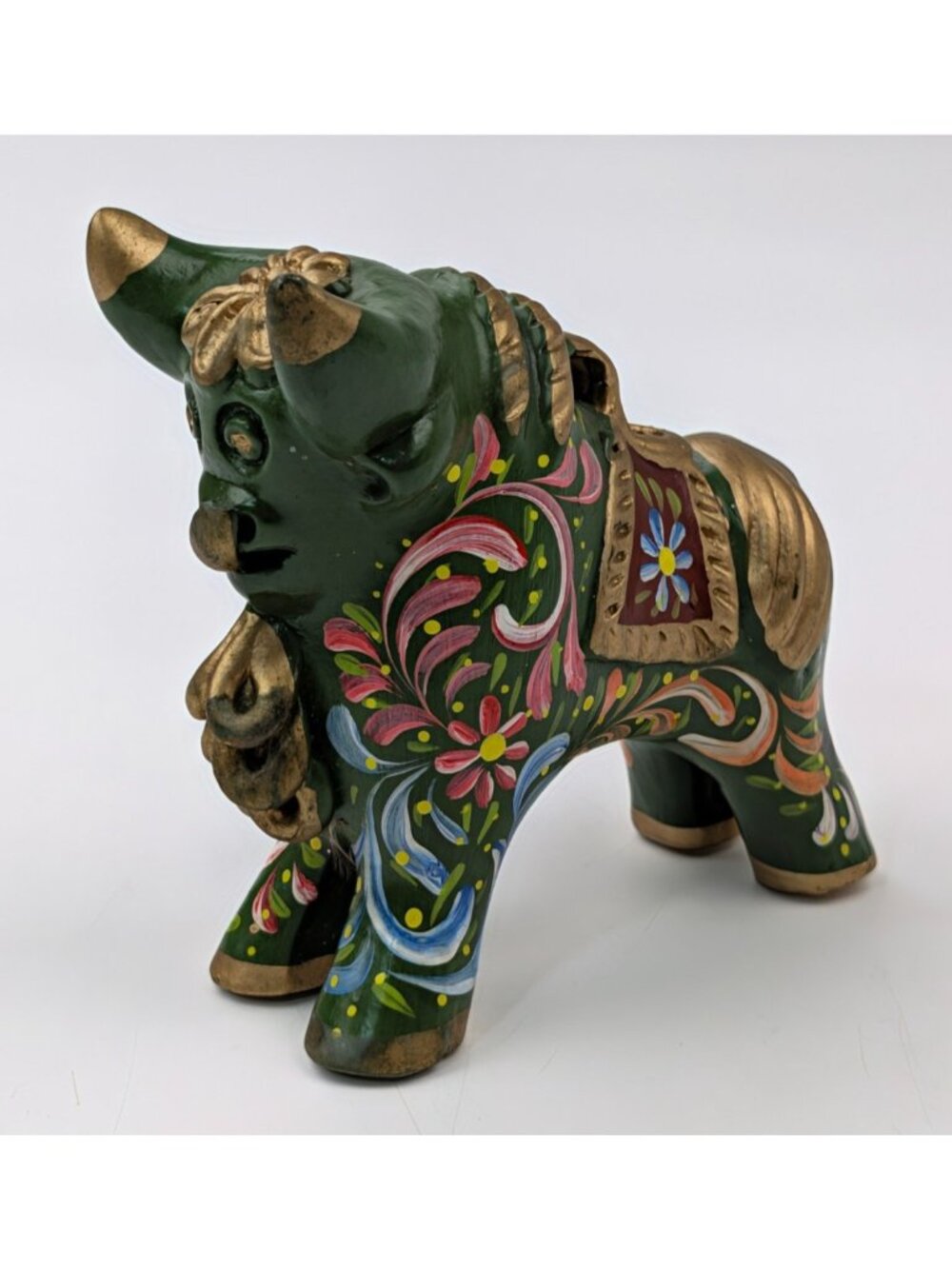 Peruvian Green Pucara Bull 4.5" Folk Art Ceramic Multicolor Peru Figurine - Picture 4 of 10